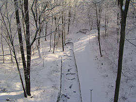 rzeka w Parku Miejskim skuta lodem - widok z mostu fot.Krzysztof Majcher